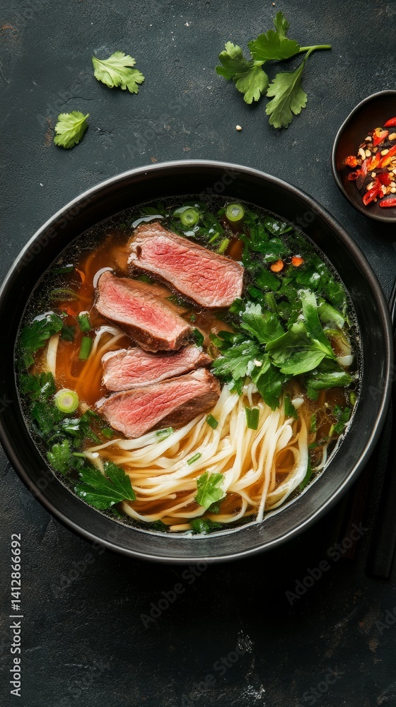 Top view of a bowl of beef pho with thinly sliced meat, rice noodles, and fresh herbs clean and professional composition, copy space, natural color, minimalism, stock photography Top view of a bowl of beef pho with thinly sliced meat, rice noodles, and fresh herbs clean and professional composition, copy space, natural color, minimalism, stock photography