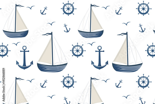 Marine pattern: sailboats, anchors, ship wheels, and seagulls in blue-and-white tones on a white background, ideal for travel, sea, and decor themes.