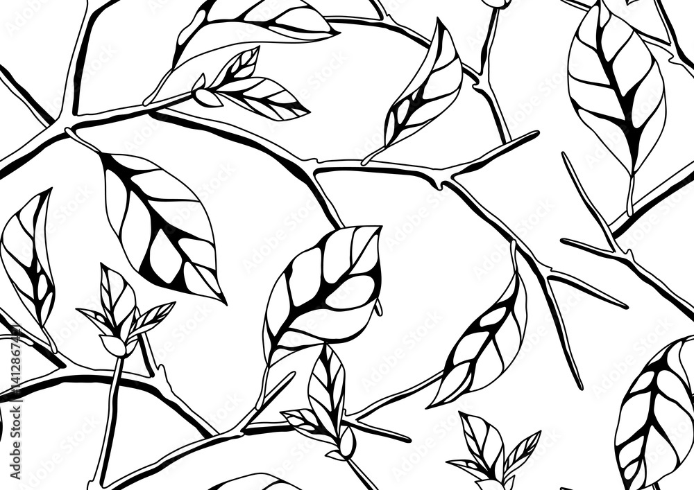 Pattern with branches and leaves. Spring or summer stylized foliage.
