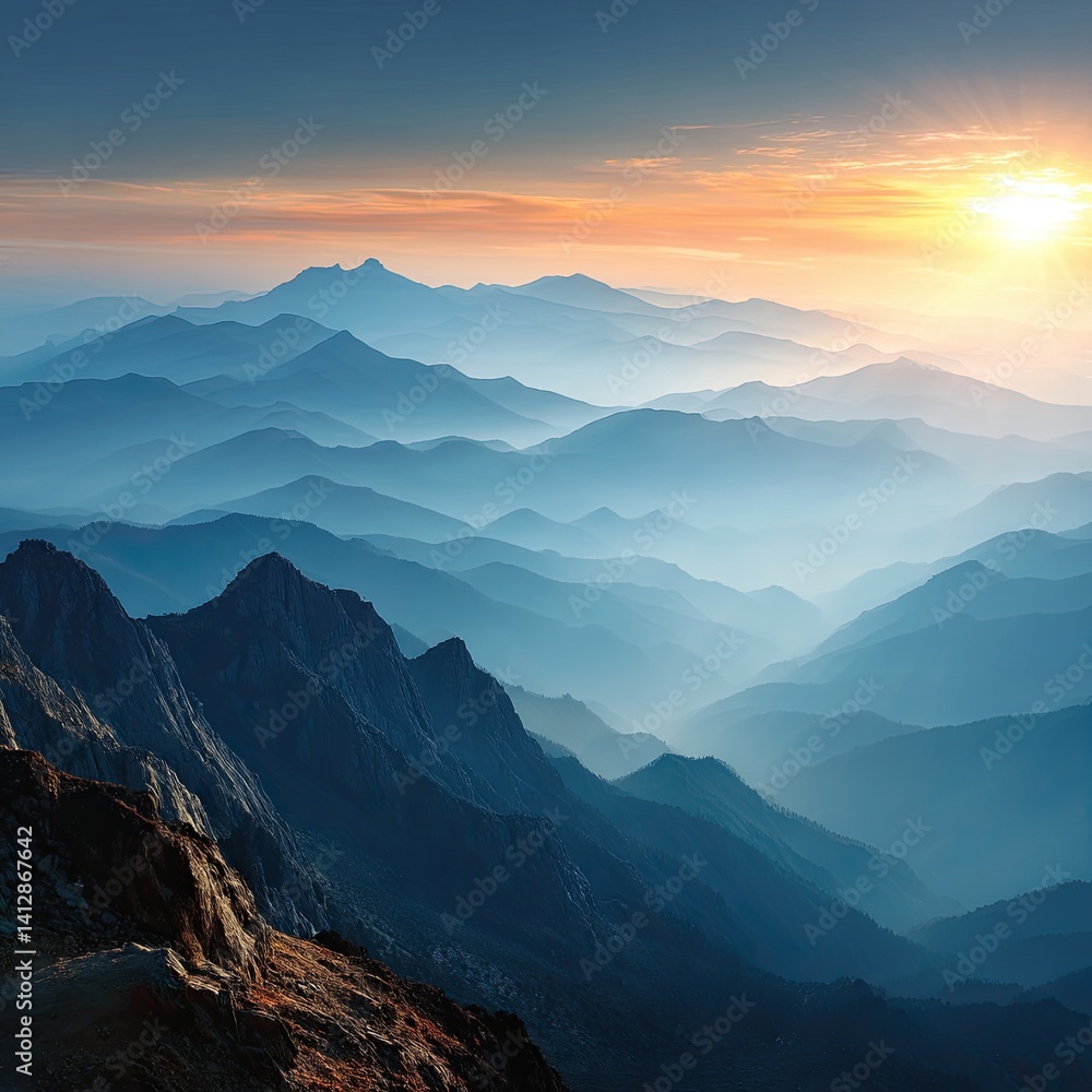 Fototapeta premium A breathtaking vista reveals layers of blue mountains shrouded in mist beneath a warm golden sunset, casting long shadows over the majestic peaks and valleys.