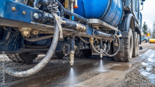 Water truck sprays gravel road to reduce dust and prepare surface