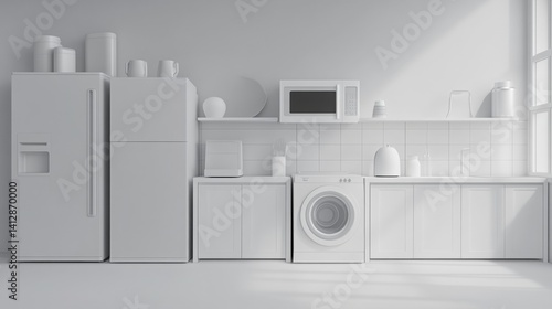 Kitchen appliances set. Fridge, microwave, washer, etc., in white.
