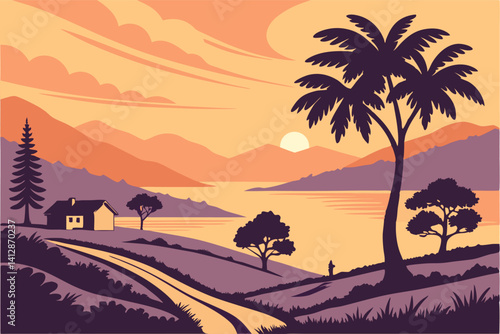 27 Sunset landscape, colorful sky, orange and purple gradient, calm lake, distant mountains, small houses, winding road, stylized trees, palm tree, minimalist art style, vector illustration, peaceful 