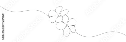 One continuous line drawing of Plumeria flower. Frangipani blossom with petals for floral tattoo in simple linear style. Plant pattern for wedding in Editable stroke. vector illustration. EPS 10 .  