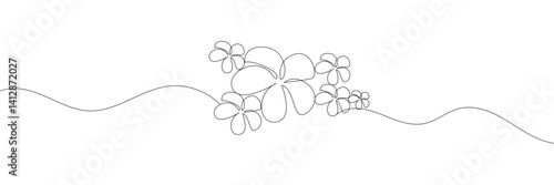 One continuous line drawing of Plumeria flower. Frangipani blossom with petals for floral tattoo in simple linear style. Plant pattern for wedding in Editable stroke. vector illustration. EPS 10 .  