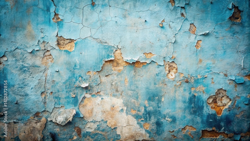 Obraz premium Textured Blue Wall with Peeling Paint and Exposed Brick