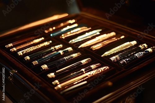 Luxury pen collection resting in elegant wooden box