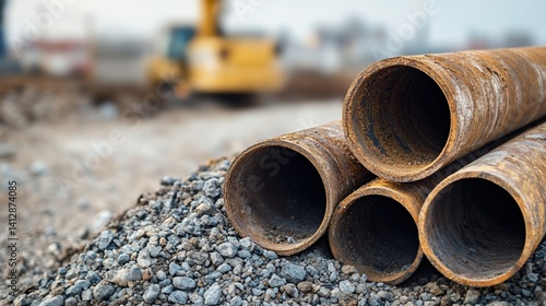 Weathered steel pipes stacked at construction site with excavator background