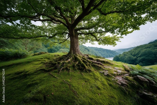 Obraz na płótnie Majestic Ancient Tree Standing Proudly in the Center of Lush Green Landscape w salonie