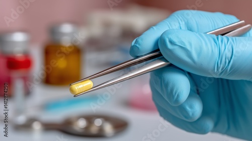 A hand wearing a blue glove holds a yellow capsule with tweezers, set against a blurred background of various laboratory containers.