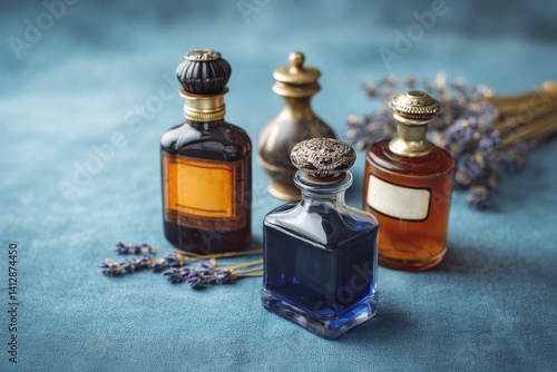 Obraz na płótnie Close-Up of Vintage Perfume Bottles with Lavenders on a Blue Background w salonie