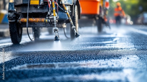 Road maintenance vehicle applying protective liquid for surface preservation