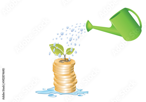 illustration of a green plant growing from a stack of gold coins being watered
