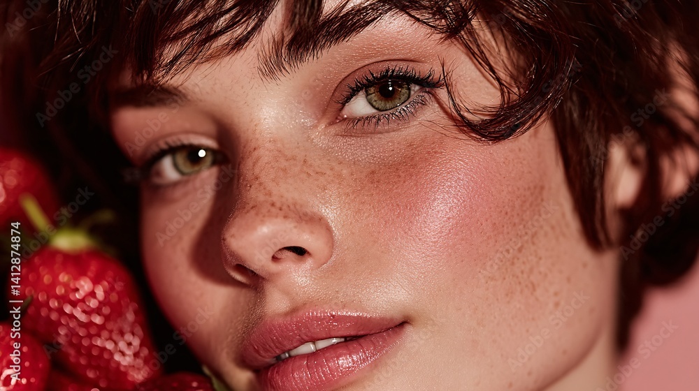 Fototapeta premium Fresh Beauty Portrait with Strawberries and Soft Natural Makeup