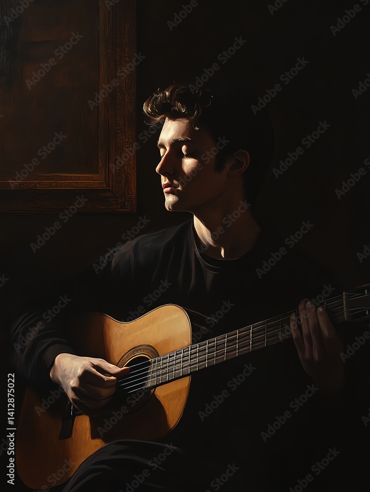 Obraz premium Young Man Playing Acoustic Guitar in Dramatic Lighting Indoor Scene