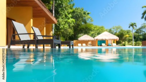 Wallpaper Mural Tropical getaway featuring pool, building and cabana under clear sky with lush greenery Torontodigital.ca