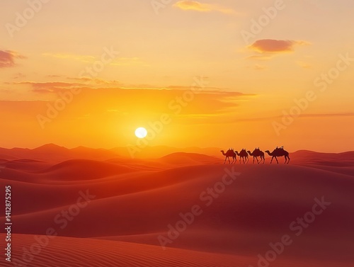Desert Sunset Caravan: Witness the mesmerizing silhouettes of a caravan traversing the undulating desert dunes, as the radiant sun dips below the horizon.