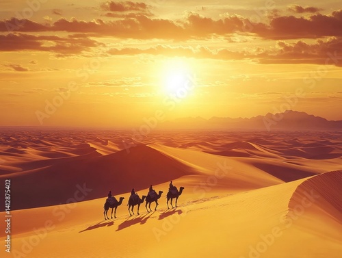 Desert Sunset Caravan: A silhouette of a camel caravan traversing the undulating golden dunes under a radiant sunset sky. The scene evokes a sense of timeless journey and adventure. 