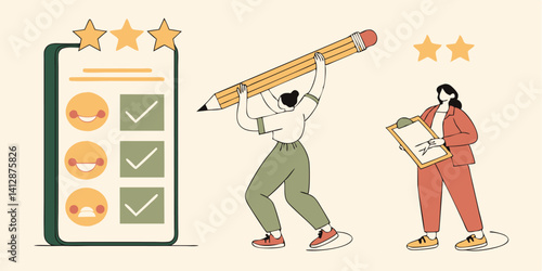 Customer Feedback Evaluation With Ratings Stars And Client Review In Modern Flat Vector Style