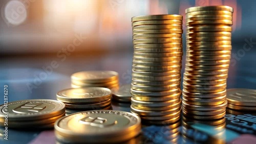 Wallpaper Mural Golden Coins Stacked on a Surface, Representing Financial Growth and Investment Torontodigital.ca