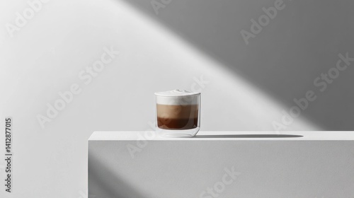 Latte art layered espresso drink on white pedestal