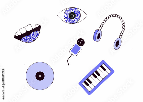 halftone Stipple Music Elements Set. Vinyl record, mouth with microphone, headphone , guitar, piano cassette, speaker, radio, eyes, chain. Grunge punk dotted texture for y2k collage design