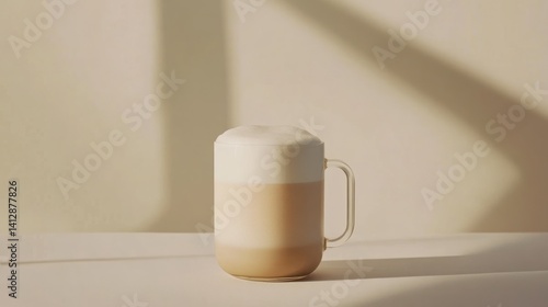 Latte in clear mug, sunlit, simple backdrop, for cafe or product
