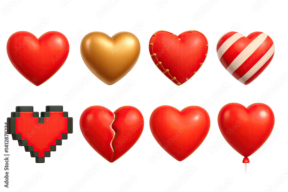 3D icon set of hearts collection: red heart, gold heart, stitched heart, candy heart, pixel heart, broken heart, glowing heart, heart balloon. 3d icon. Isolated