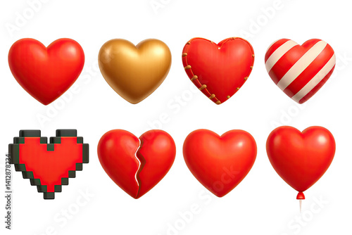 Obraz na płótnie 3D icon set of hearts collection: red heart, gold heart, stitched heart, candy heart, pixel heart, broken heart, glowing heart, heart balloon. 3d icon. Isolated w salonie