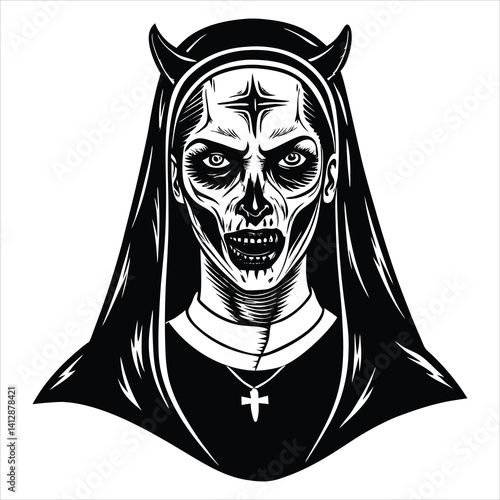 Vector Art of Scary Nun with Ritual Face Paint and Devil Horns – Occult Gothic Style