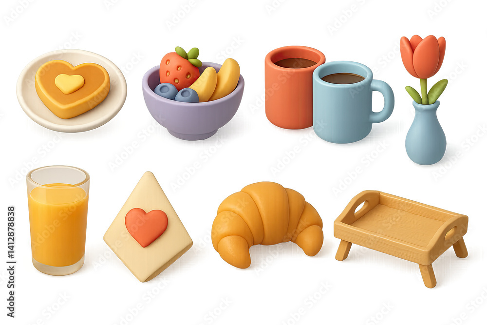 3D icon set of romantic surprises: hidden gift, breakfast tray, drawn heart, red envelope, soft toy, romantic playlist, handwritten poem, balloons. 3d icon. Isolated