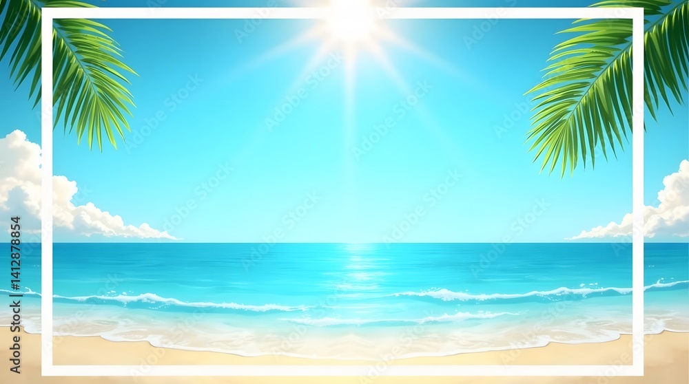 Tropical beach scene with palm leaves, sun, and ocean. Ideal for summer travel, vacation, or relaxation themes. Tropical beach scene with palm leaves, sun, and ocean. Ideal for summer travel, vacation, or relaxation themes.