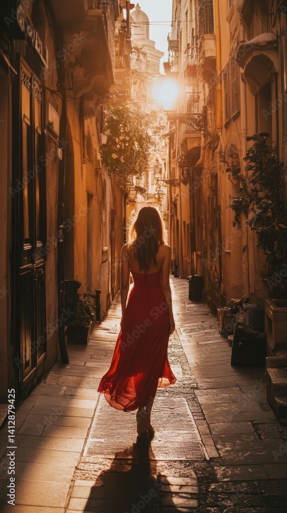 Solitary Stroll Through Timeworn Passage: A woman in a flowing red dress walks away, tracing through a historic narrow street under a sunset, invoking introspection and serene atmosphere. Solitary Stroll Through Timeworn Passage: A woman in a flowing red dress walks away, tracing through a historic narrow street under a sunset, invoking introspection and serene atmosphere.