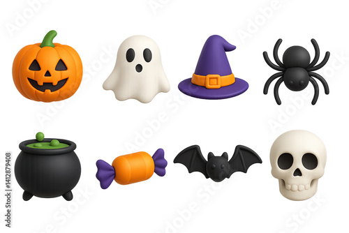 3D icon set of Halloween fun: pumpkin, ghost, witch hat, spider, cauldron, candy, bat, skull. 3d icon. Isolated