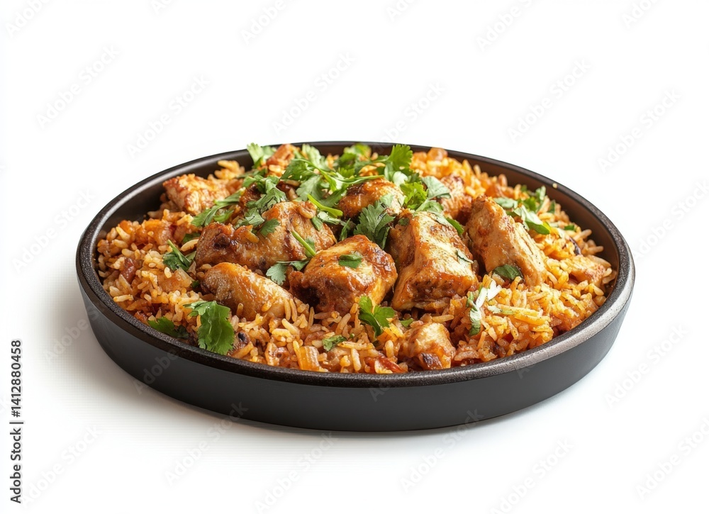 Chicken and rice dish, garnished with fresh herbs. A flavorful, aromatic meal Chicken and rice dish, garnished with fresh herbs. A flavorful, aromatic meal