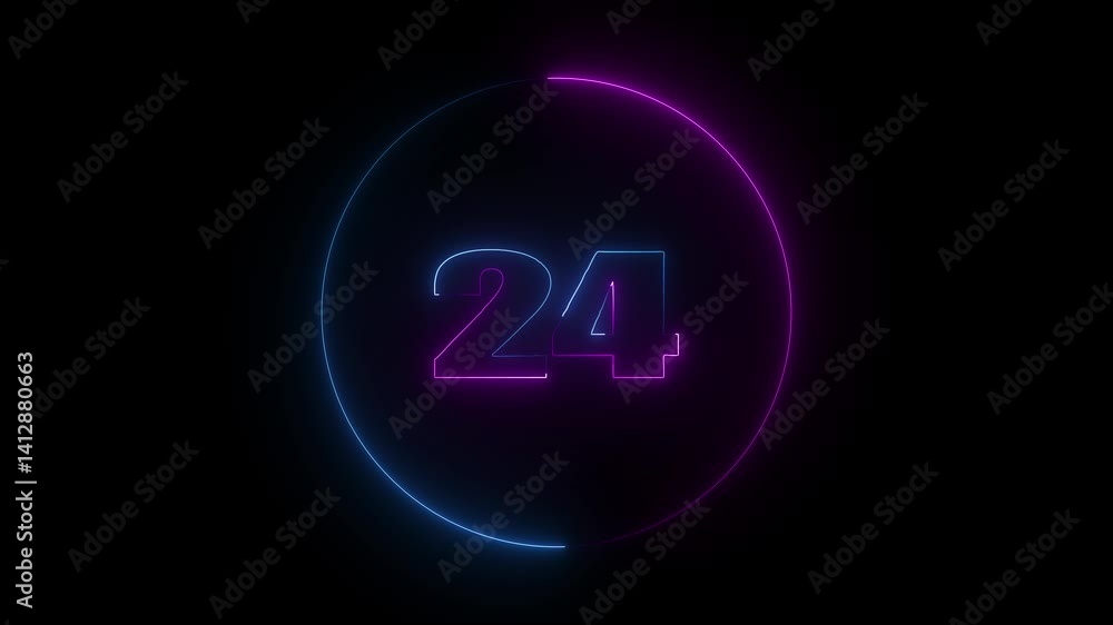 glowing neon count 24 number animation on black background.
glowing neon count 24 number animation on black background.