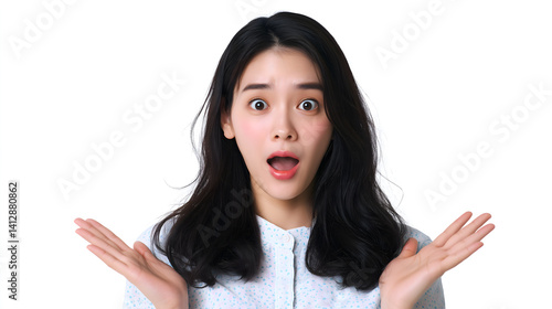両手を広げて驚く表情の日本人女性