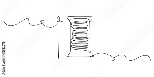 Continuous one line drawing of sewing needle on spool of thread vector illustration