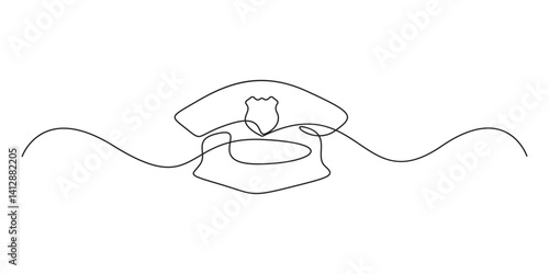Continuous one line drawing of police cap. Clothing, protection, officer concept. Editable stroke vector. Graphic illustration