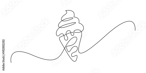 Ice cream in waffle cone single continuous line drawing. One line art ice cream. Graphic illustration