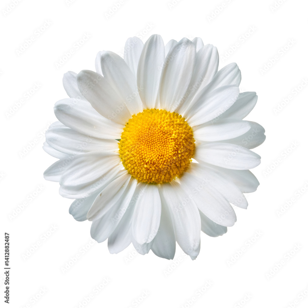 Close up of a white daisy with a yellow center, isolated on a transparent background, perfect for graphic design projects
