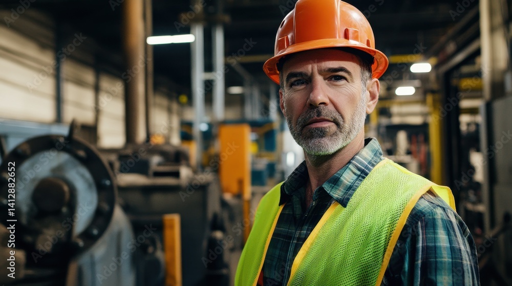 Portrait of a middle-aged man wearing a hard hat and safety vest in an industrial setting. He exudes confidence and professionalism while surrounded by machinery. Portrait of a middle-aged man wearing a hard hat and safety vest in an industrial setting. He exudes confidence and professionalism while surrounded by machinery.