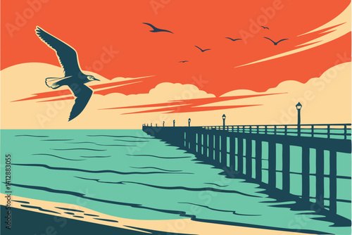 28 Sunset over calm ocean, silhouette of flying seagull, flock of birds in distance, wooden pier posts, vibrant orange and red sky, turquoise water, reflective water surface, peaceful coastal scene, m