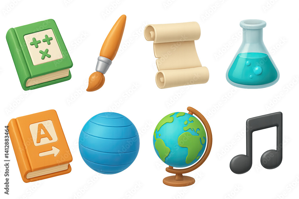 Educational icons set: 3d style featuring book, brush, scroll, flask, and more