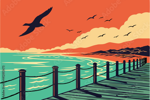 28 Sunset over calm ocean, silhouette of flying seagull, flock of birds in distance, wooden pier posts, vibrant orange and red sky, turquoise water, reflective water surface, peaceful coastal scene, m