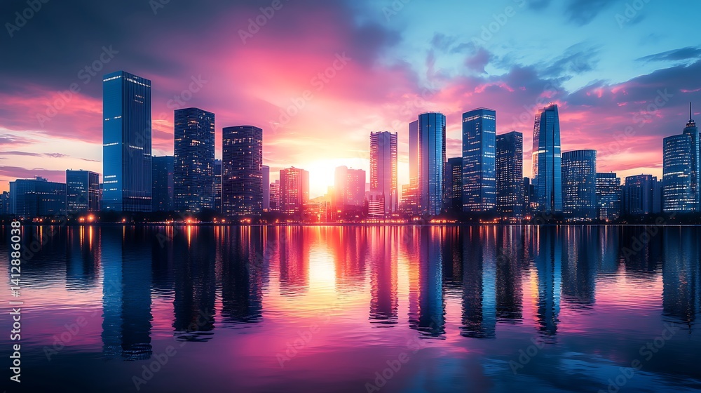 Fototapeta premium City lights shimmer in dusk reflections over tranquil water high resolution picture