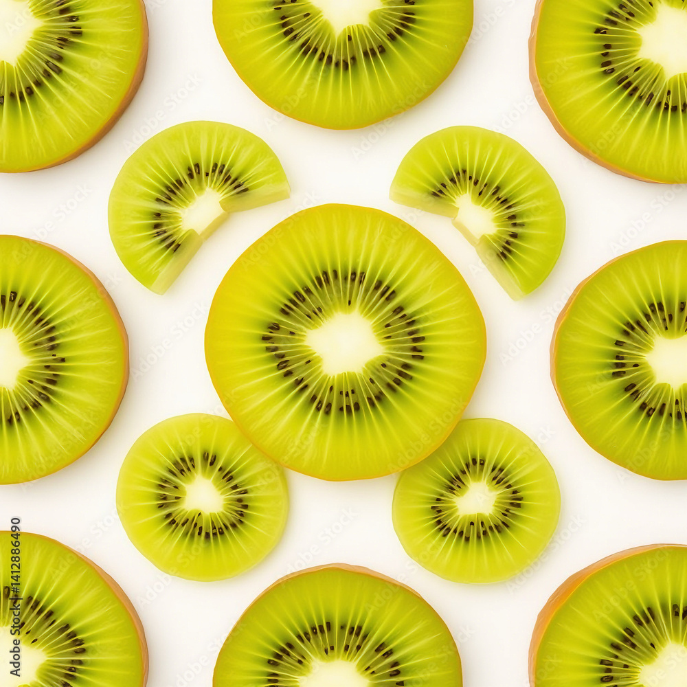 Fototapeta premium Top view of sliced kiwis in a neat pattern on white background, vibrant green fruit