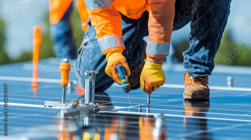 Solar panel installation: Professional worker installing photovoltaic panels