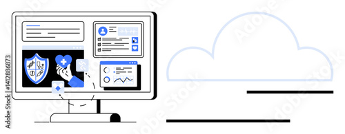 Computer screen showing health records, data charts, shield icon, heart symbol, and cloud connection. Ideal for healthcare, data analytics, cloud computing, digital tools patient care technology