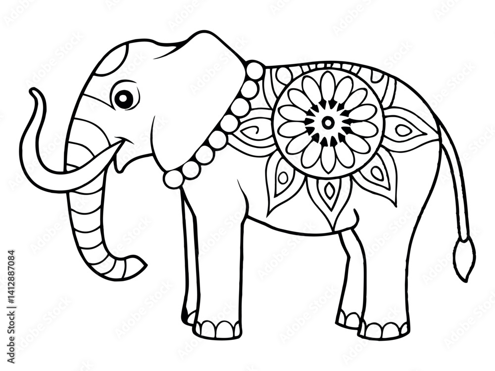 Fototapeta premium Adult Elephant With Trunk Down, Side View, Mandala Style, Coloring Page for Adults and Kids,